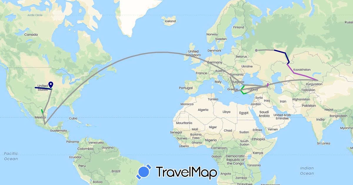 TravelMap itinerary: driving, bus, plane, train in Armenia, Georgia, Greece, Kazakhstan, Mexico, Serbia, Russia, Turkey, United States (Asia, Europe, North America)